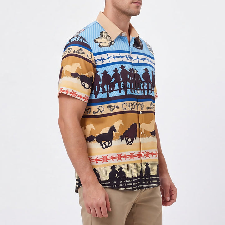 Chemise homme beige et bleue à imprimé silhouette de cowboy et troupeau de chevaux - image 3