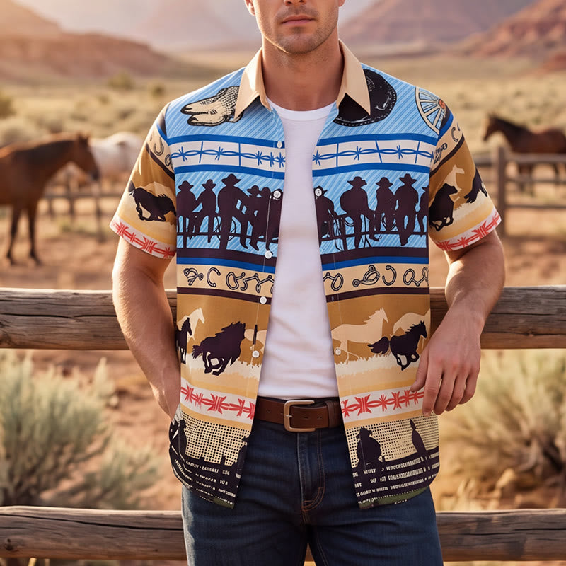 Chemise homme beige et bleue à imprimé silhouette de cowboy et troupeau de chevaux - Beige et bleu - 5XL - image 0