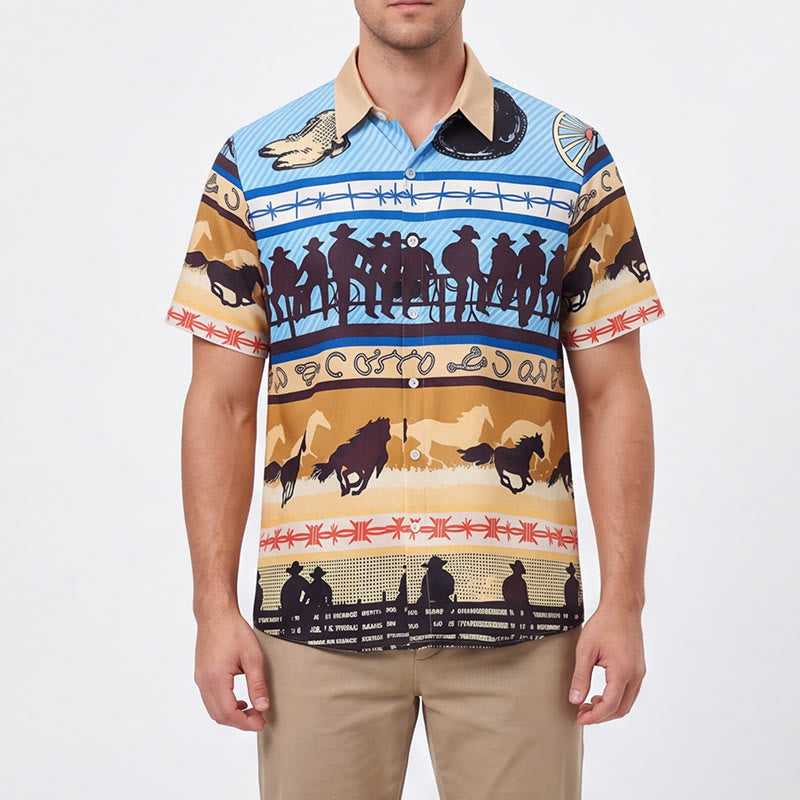 Chemise homme beige et bleue à imprimé silhouette de cowboy et troupeau de chevaux - image 1