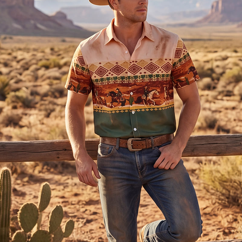 Chemise homme beige et verte à imprimé cactus et cavalier du désert - Beige et vert - 3XL - image 0