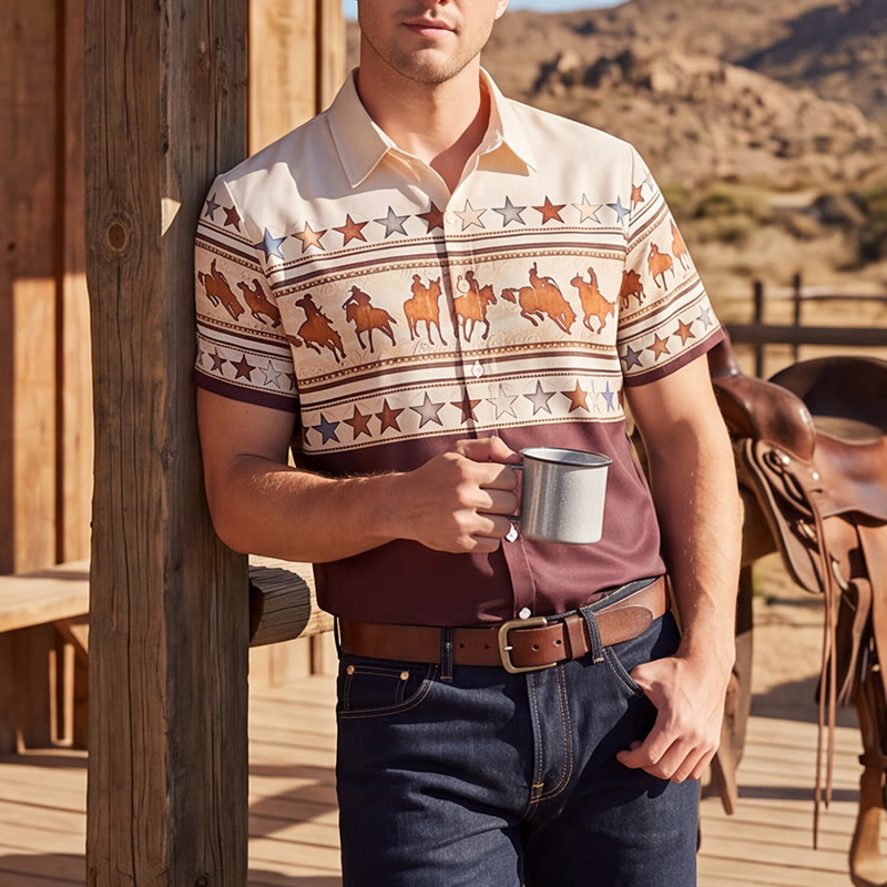 Chemise western pour homme, marron et crème, à imprimé silhouette de cheval de cowboy - Brun et crème - 3XL - image 0