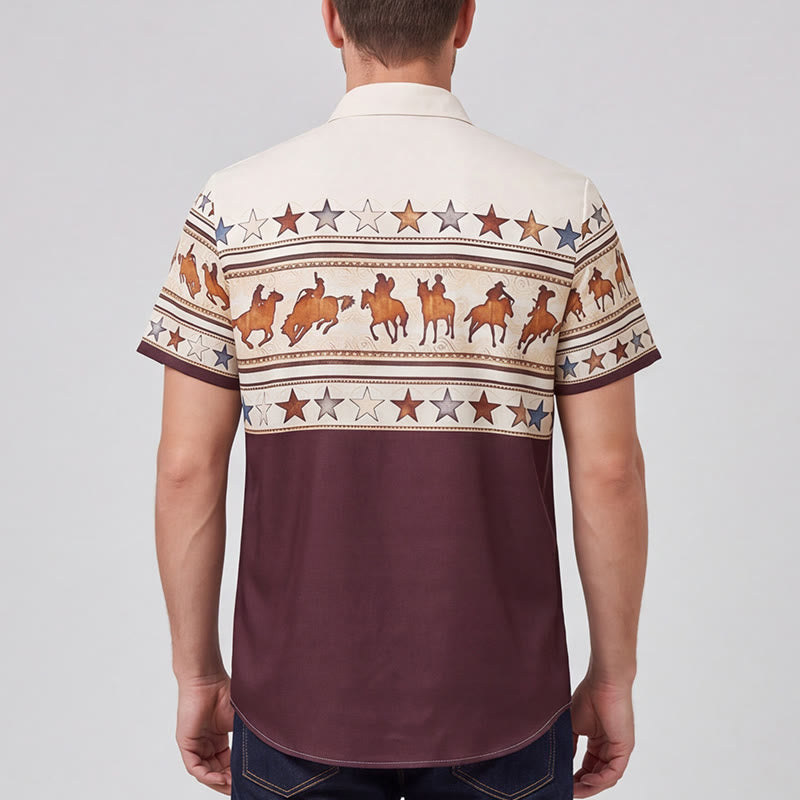 Chemise western pour homme, marron et crème, à imprimé silhouette de cheval de cowboy - image 2