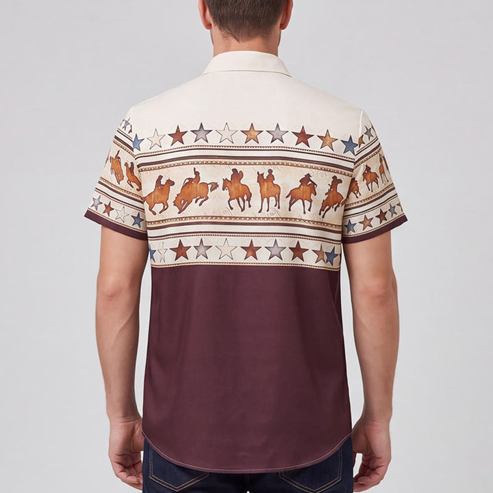 Chemise western pour homme, marron et crème, à imprimé silhouette de cheval de cowboy - image 2