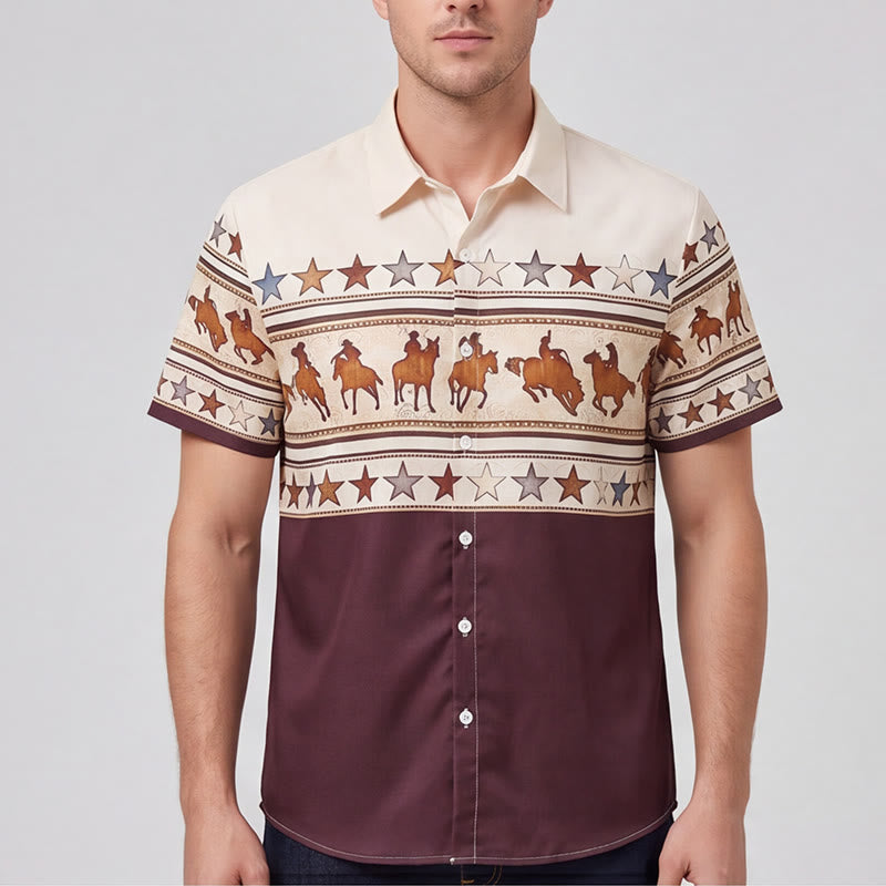 Chemise western pour homme, marron et crème, à imprimé silhouette de cheval de cowboy - image 1