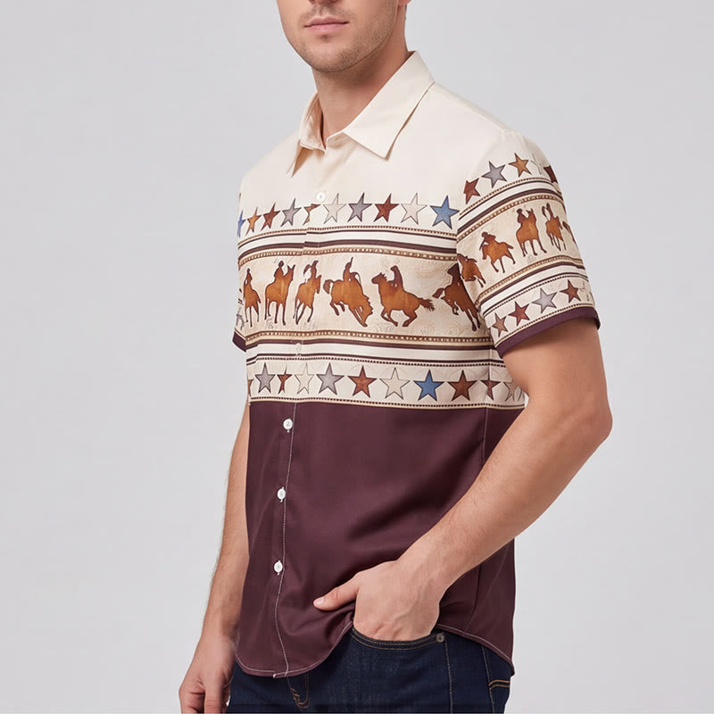 Chemise western pour homme, marron et crème, à imprimé silhouette de cheval de cowboy - image 3