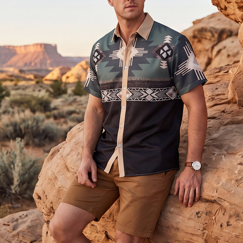 Chemise homme à imprimé géométrique aztèque bicolore du sud-ouest - Vert foncé et noir - 5XL - image 0