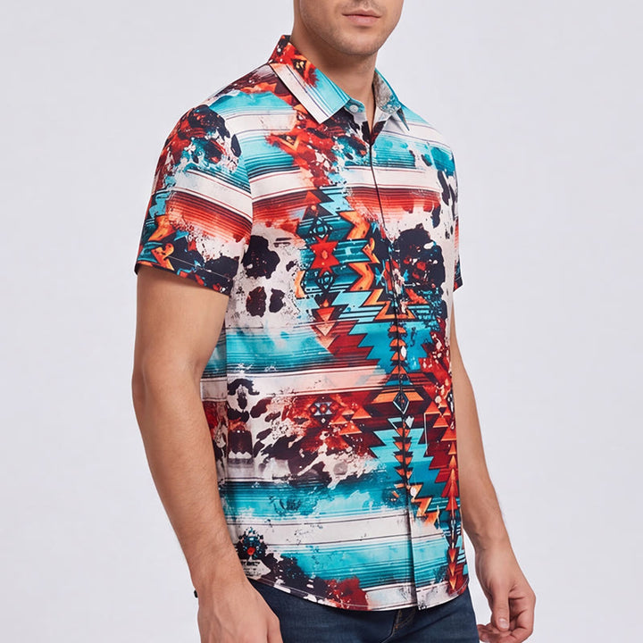 Chemise homme imprimée turquoise et rouille style sud-ouest - image 3