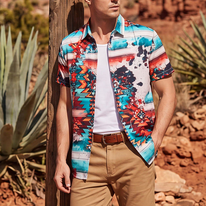 Chemise homme imprimée turquoise et rouille style sud-ouest - Turquoise et rouille - 5XL - image 0