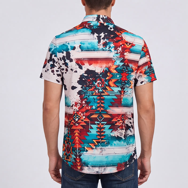 Chemise homme imprimée turquoise et rouille style sud-ouest - image 2