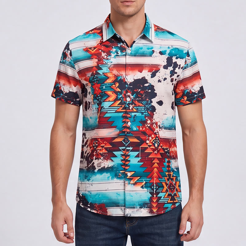 Chemise homme imprimée turquoise et rouille style sud-ouest - image 1