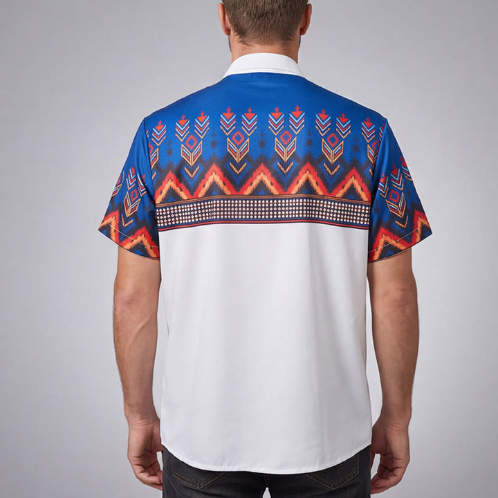 Chemise homme bleue et blanche à imprimé géométrique tribal aztèque - image 3