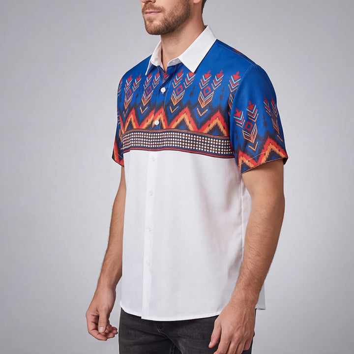 Chemise homme bleue et blanche à imprimé géométrique tribal aztèque - image 2