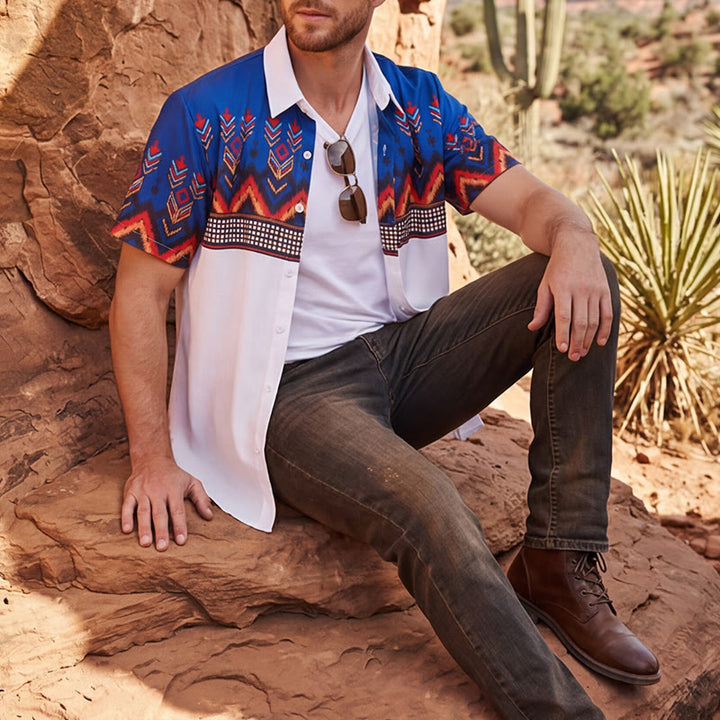Chemise homme bleue et blanche à imprimé géométrique tribal aztèque - Bleu et blanc - 6XL - image 0