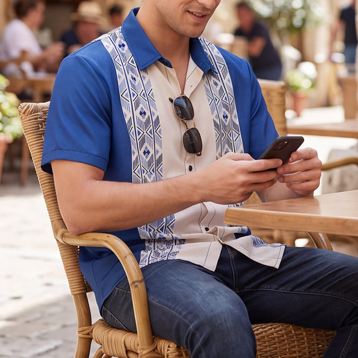Chemise homme bleue et beige à imprimé aztèque vertical d'inspiration ethnique - Bleu et beige - 6XL - image 0