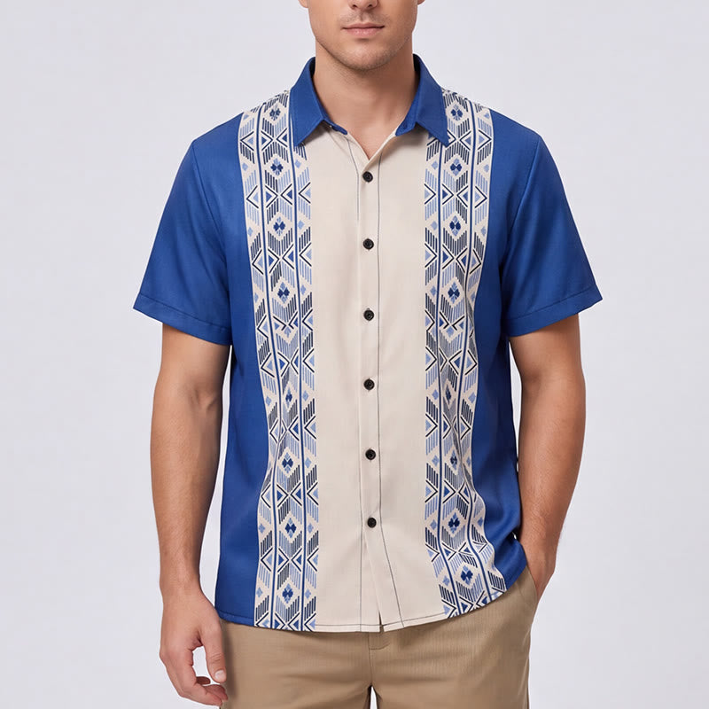 Chemise homme bleue et beige à imprimé aztèque vertical d'inspiration ethnique - image 1