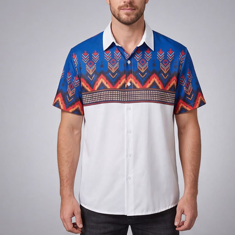 Chemise homme bleue et blanche à imprimé géométrique tribal aztèque - image 1