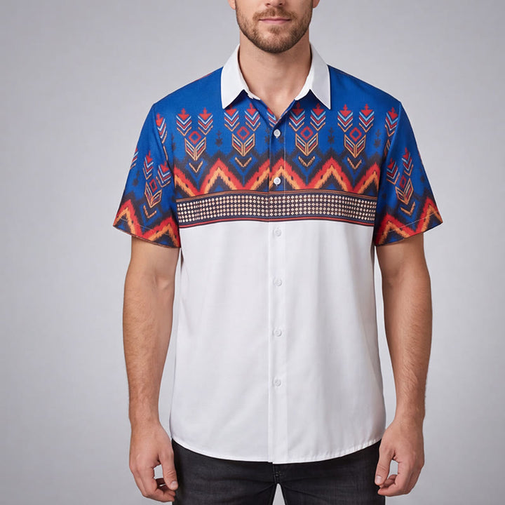 Chemise homme bleue et blanche à imprimé géométrique tribal aztèque - image 1