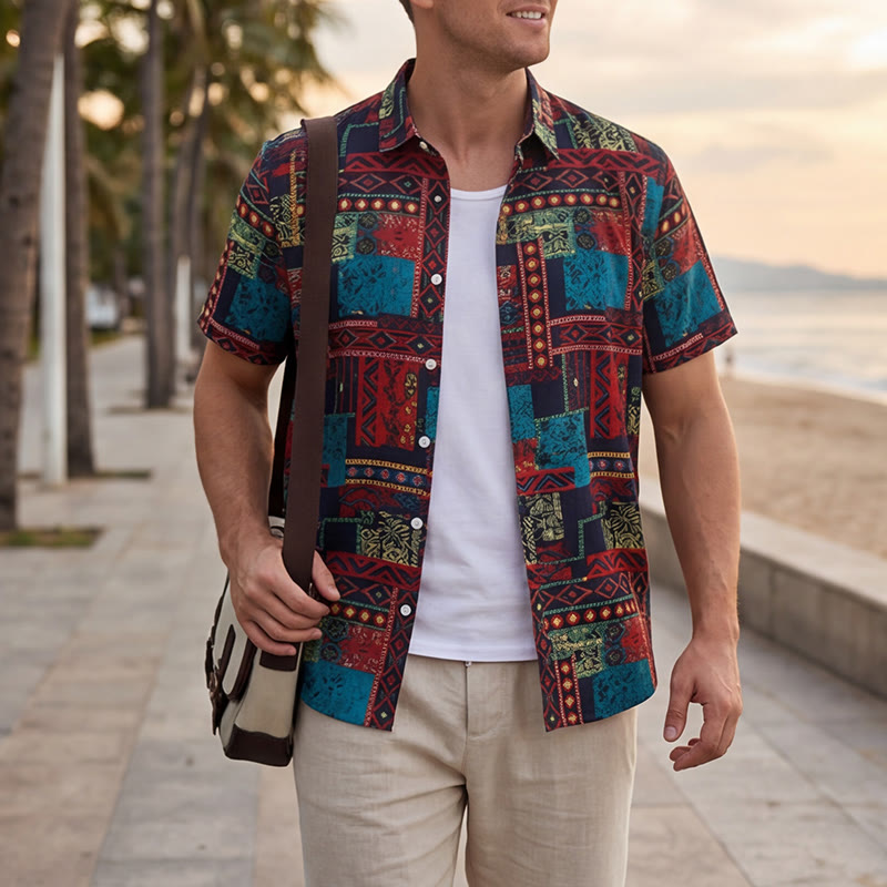 Chemise ethnique bohème multicolore à patchwork tribal - Multicolore - 3XL - image 0