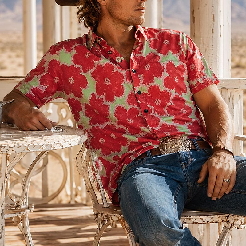 Chemise de vacances à motif de fleurs rouges éclatantes et fond vert - Rouge - 5XL - image 0