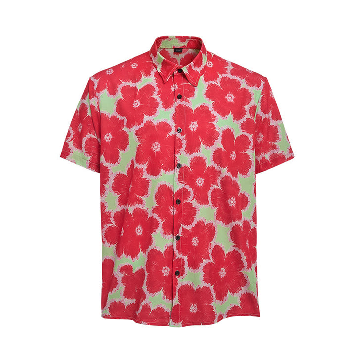 Chemise de vacances à motif de fleurs rouges éclatantes et fond vert - image 8