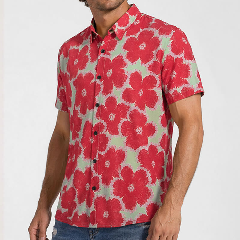 Chemise de vacances à motif de fleurs rouges éclatantes et fond vert - image 3
