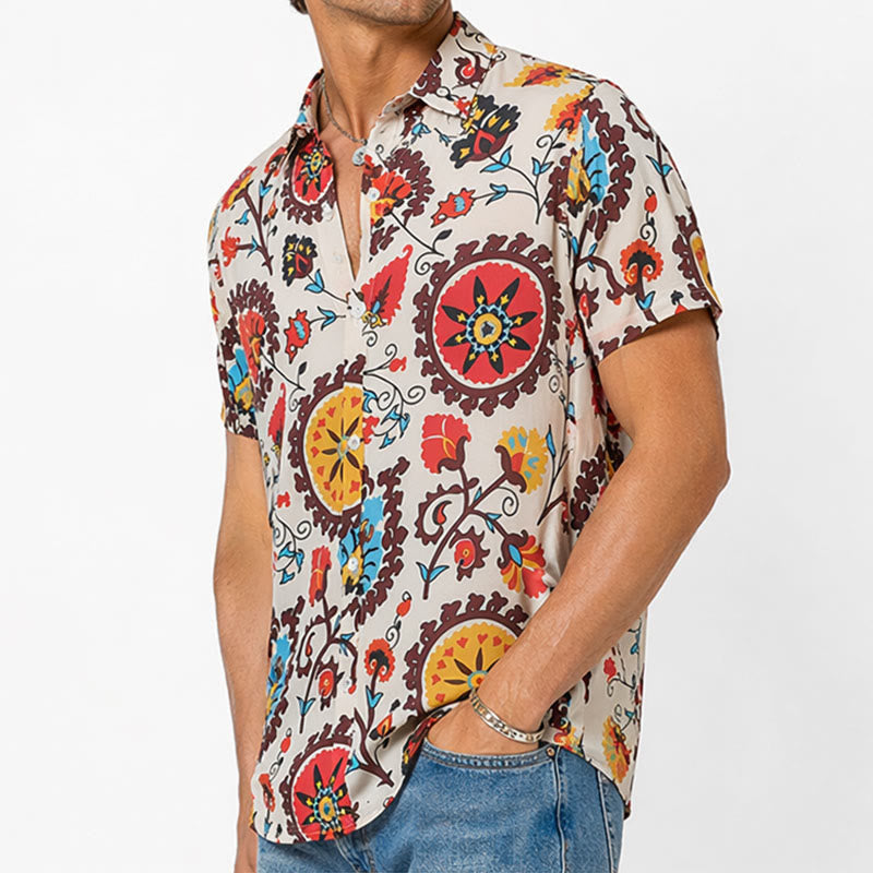 Chemise rétro bohème à motif mandala rouge et jaune - image 3