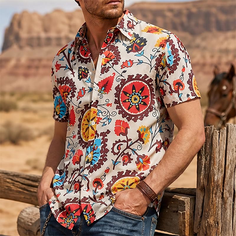 Chemise rétro bohème à motif mandala rouge et jaune - Rouge et jaune - 3XL - image 0