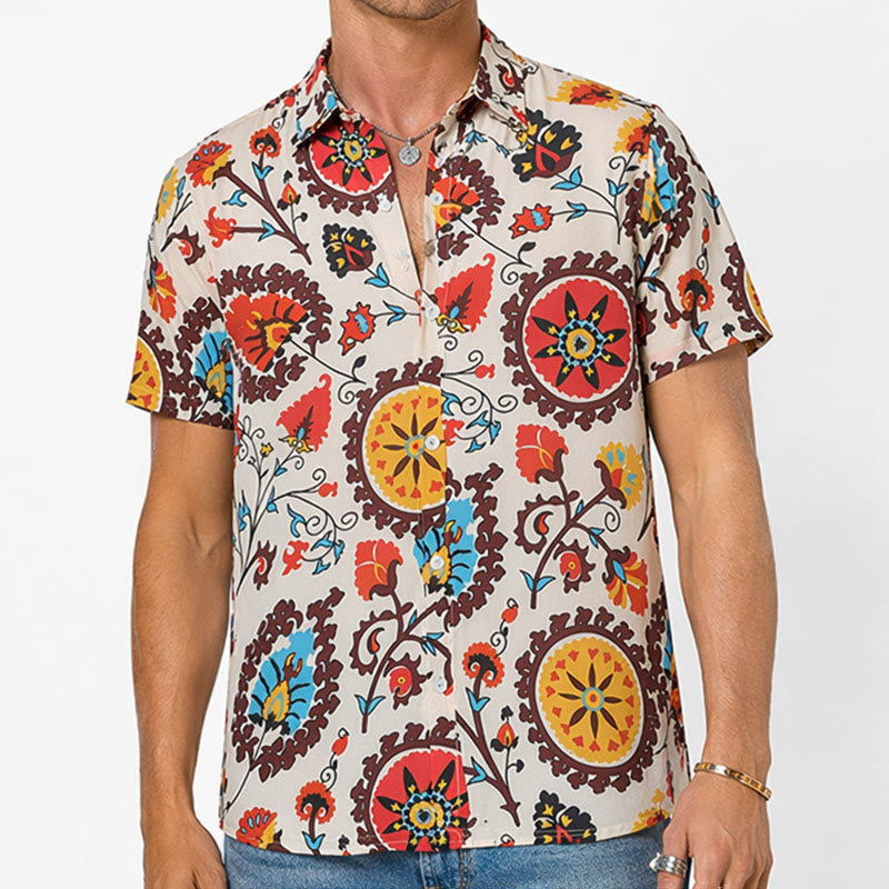 Chemise rétro bohème à motif mandala rouge et jaune - image 1