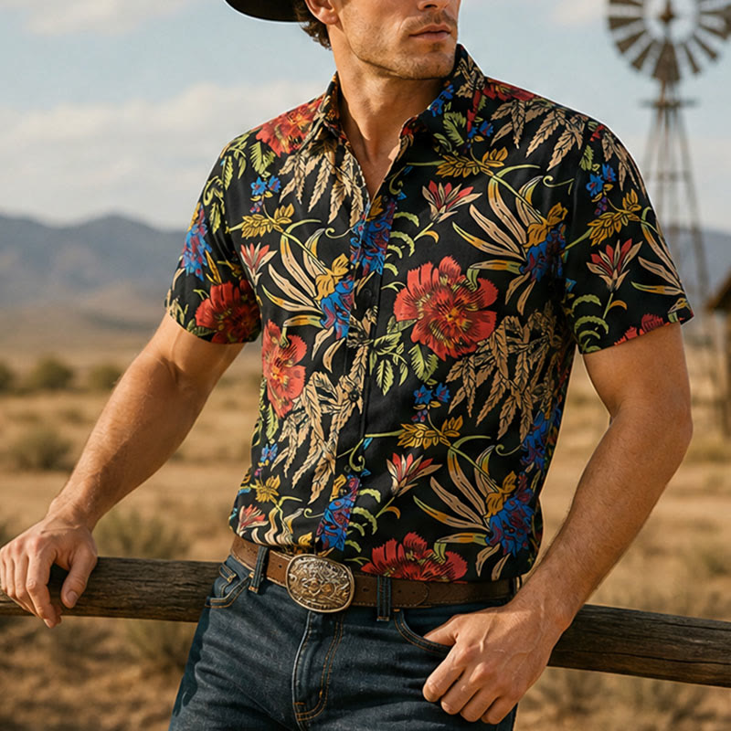 Chemise noire à imprimé botanique exotique rétro tropical - Noir - 3XL - image 0