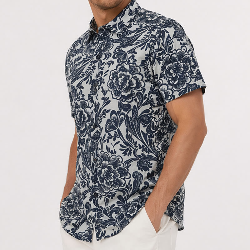 Chemise d'été minimaliste bleu marine à fleurs boutonnée - image 3