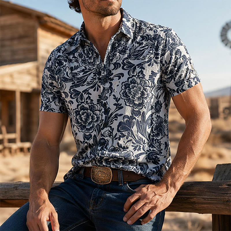 Chemise d'été minimaliste bleu marine à fleurs boutonnée - Bleu marine - 3XL - image 0
