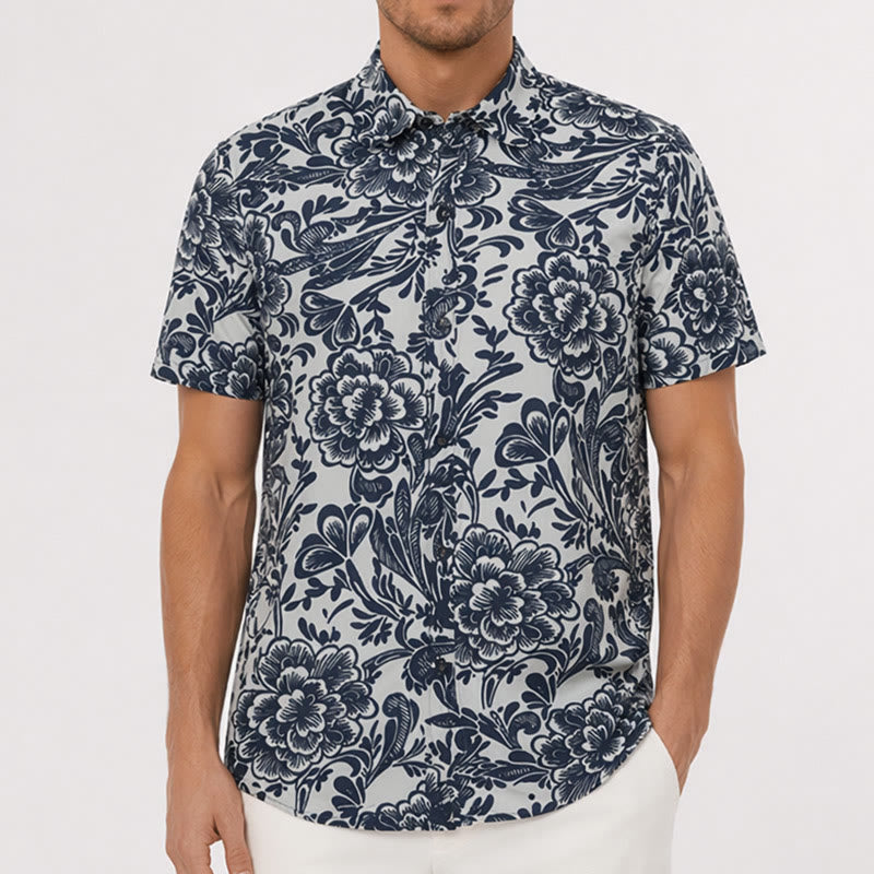 Chemise d'été minimaliste bleu marine à fleurs boutonnée - image 1