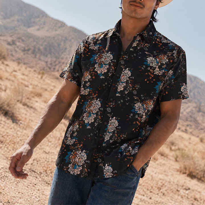 Chemise hawaïenne à manches courtes à motif floral romantique sombre - Noir - 3XL - image 0