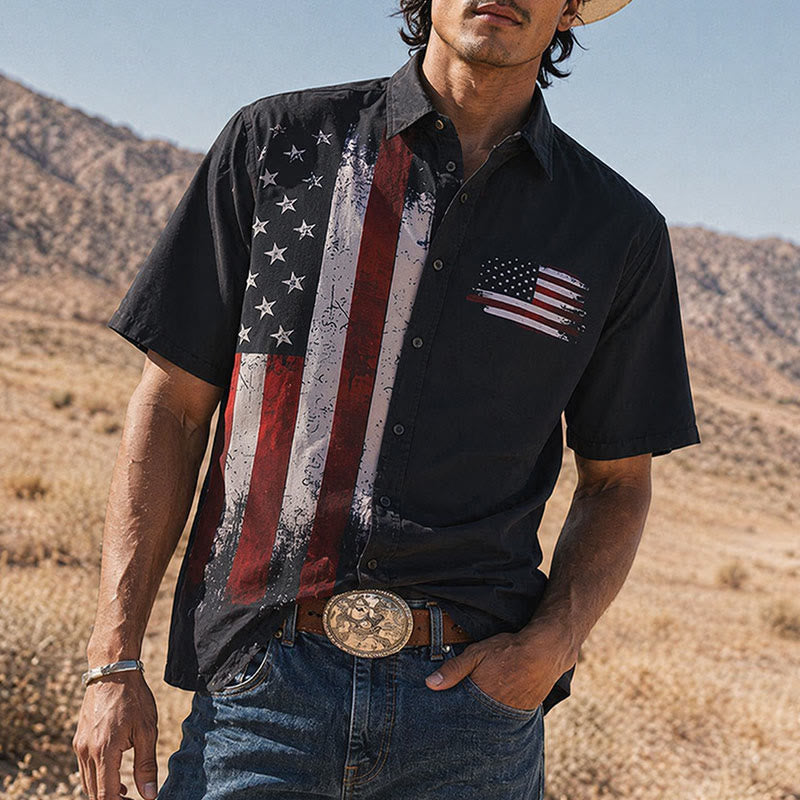Chemise patriotique noire à demi-drapeau avec effet pinceau audacieux - Noir - 5XL - image 0