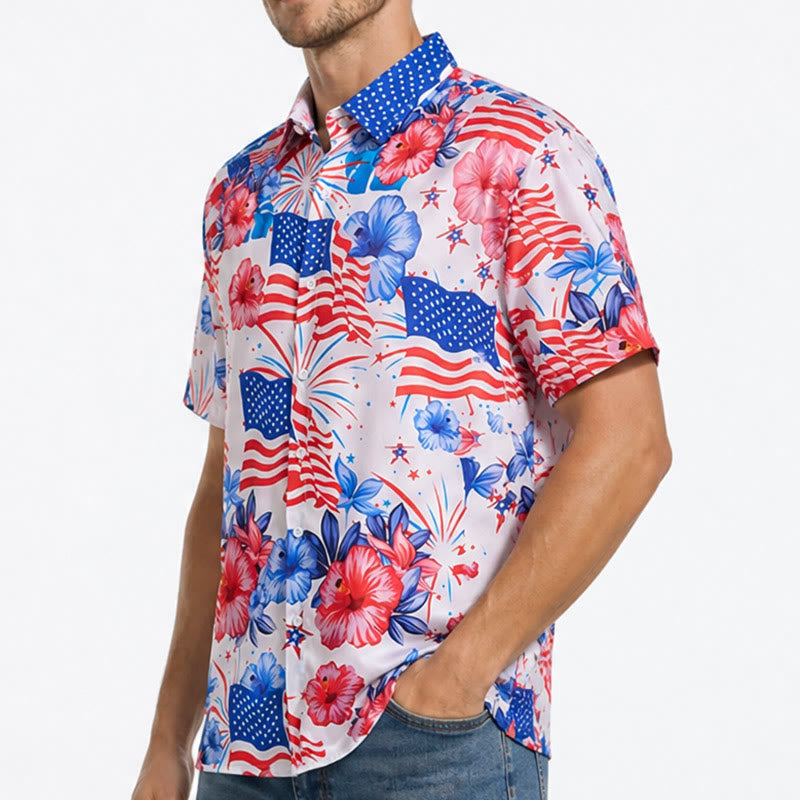 Chemise imprimée intégrale à motif patriotique hibiscus et drapeau américain feu d'artifice - image 3