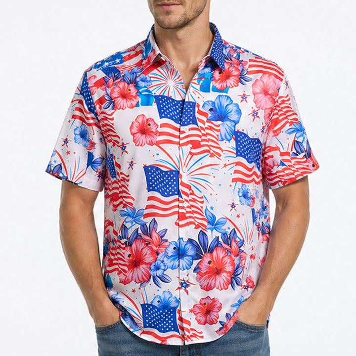 Chemise imprimée intégrale à motif patriotique hibiscus et drapeau américain feu d'artifice - image 1