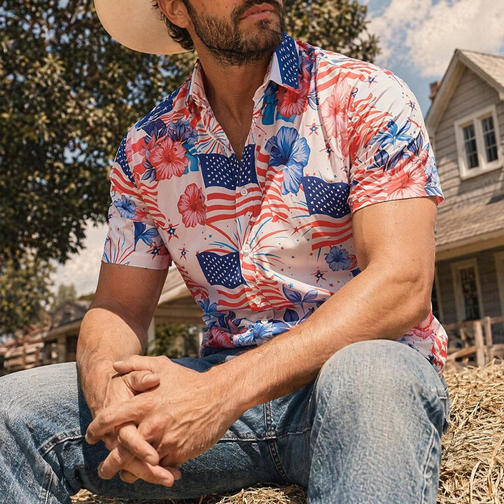 Chemise imprimée intégrale à motif patriotique hibiscus et drapeau américain feu d'artifice - Rouge et bleu - 4XL - image 0