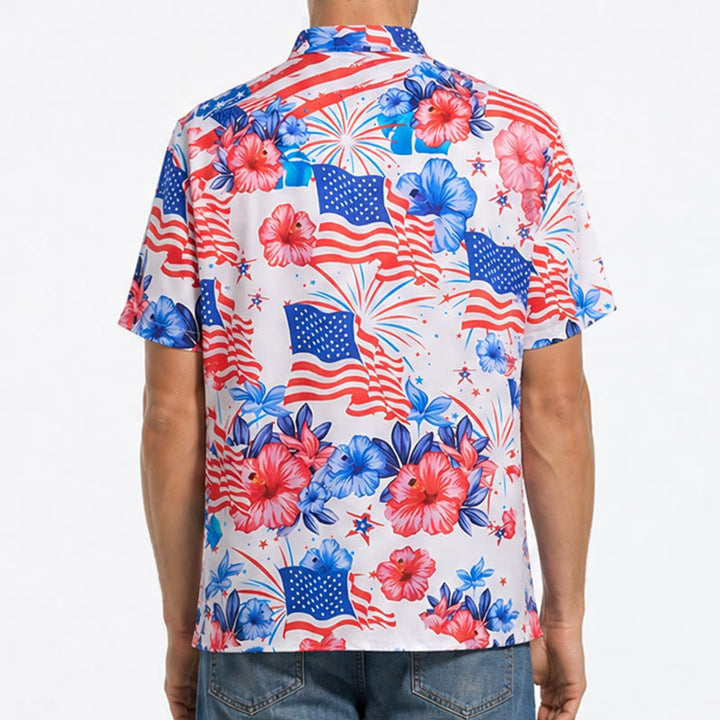 Chemise imprimée intégrale à motif patriotique hibiscus et drapeau américain feu d'artifice - image 2