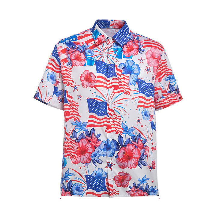 Chemise imprimée intégrale à motif patriotique hibiscus et drapeau américain feu d'artifice - image 9