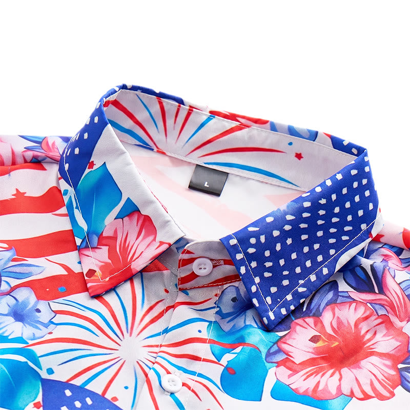 Chemise imprimée intégrale à motif patriotique hibiscus et drapeau américain feu d'artifice - image 4