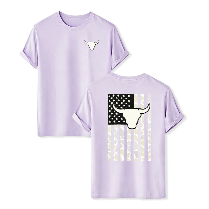 T-shirt patriotique western américain avec crâne de taureau et drapeau américain - Violet - 2XL - image 14