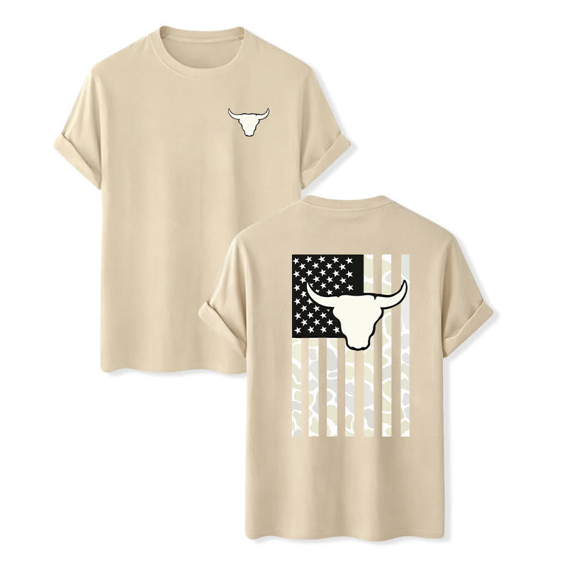 T-shirt patriotique western américain avec crâne de taureau et drapeau américain - Beige - 2XL - image 12