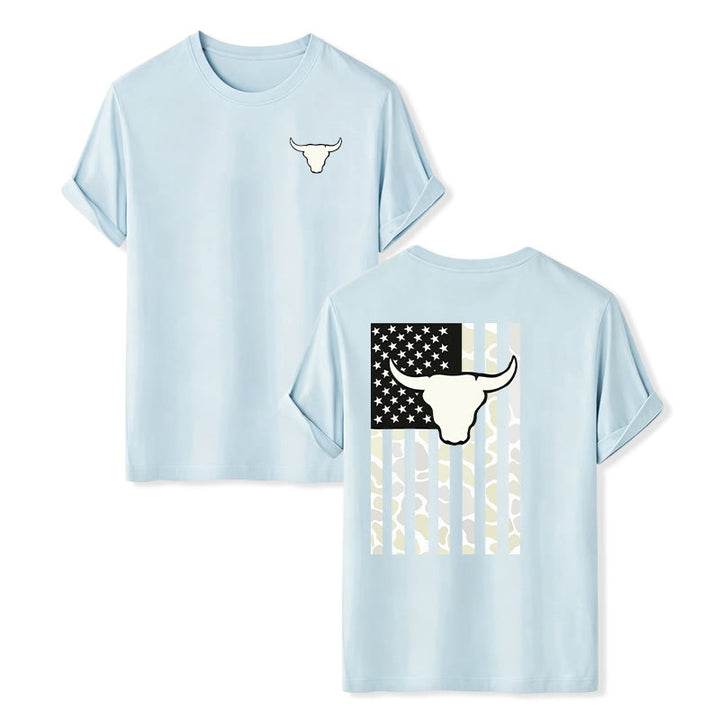 T-shirt patriotique western américain avec crâne de taureau et drapeau américain - Bleu - 2XL - image 10