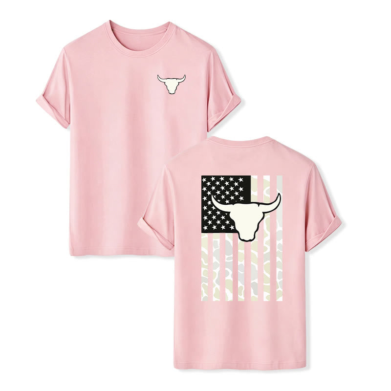 T-shirt patriotique western américain avec crâne de taureau et drapeau américain - Rose - 2XL - image 8