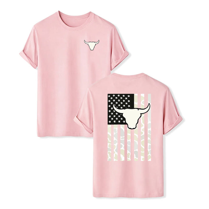 T-shirt patriotique western américain avec crâne de taureau et drapeau américain - Rose - 2XL - image 8