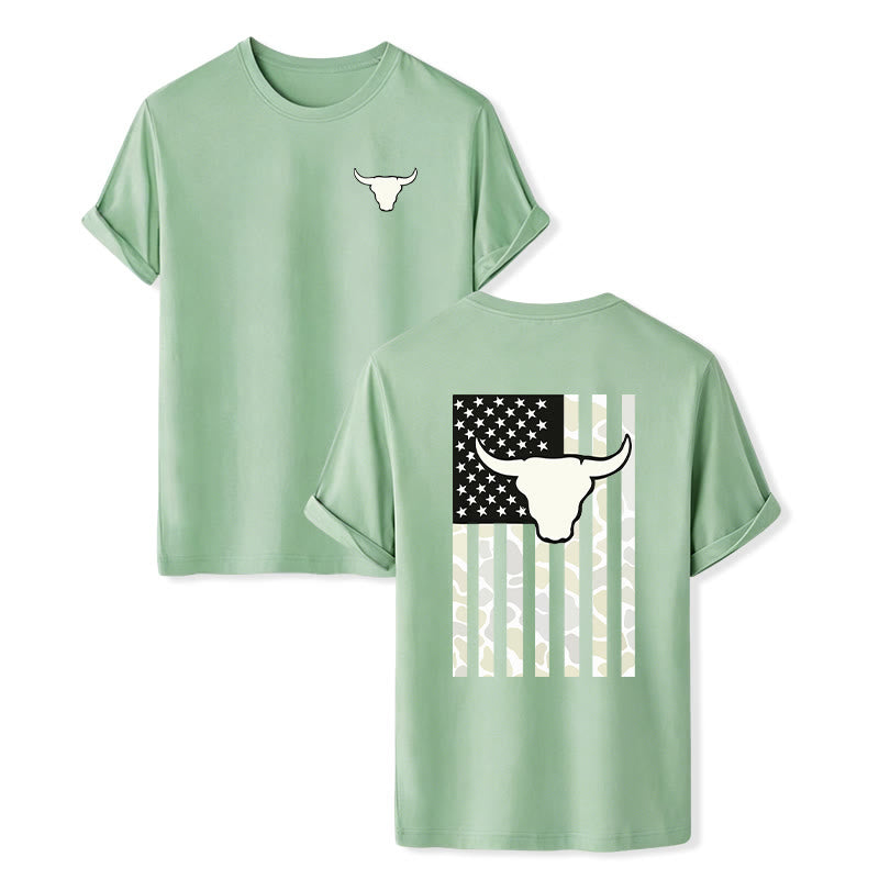 T-shirt patriotique western américain avec crâne de taureau et drapeau américain - Vert - 2XL - image 11