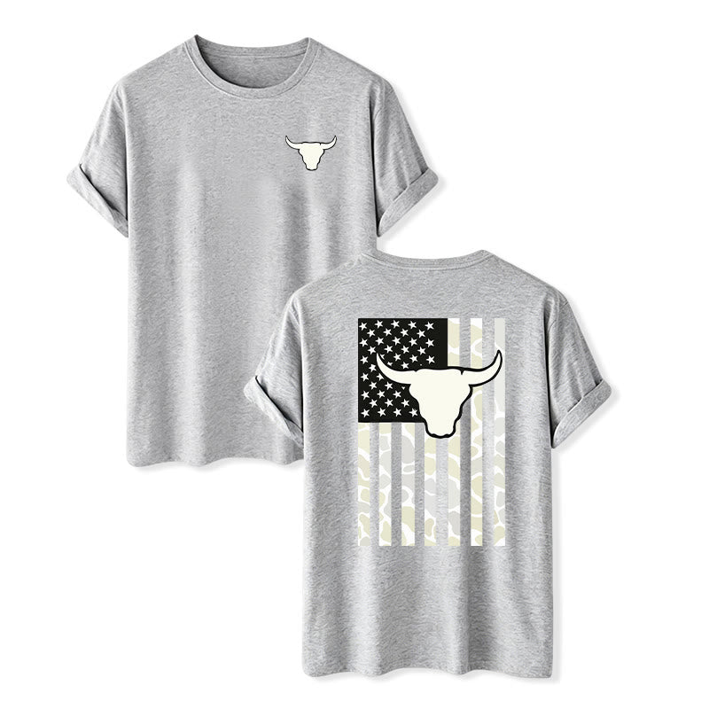 T-shirt patriotique western américain avec crâne de taureau et drapeau américain - Gris - 2XL - image 9