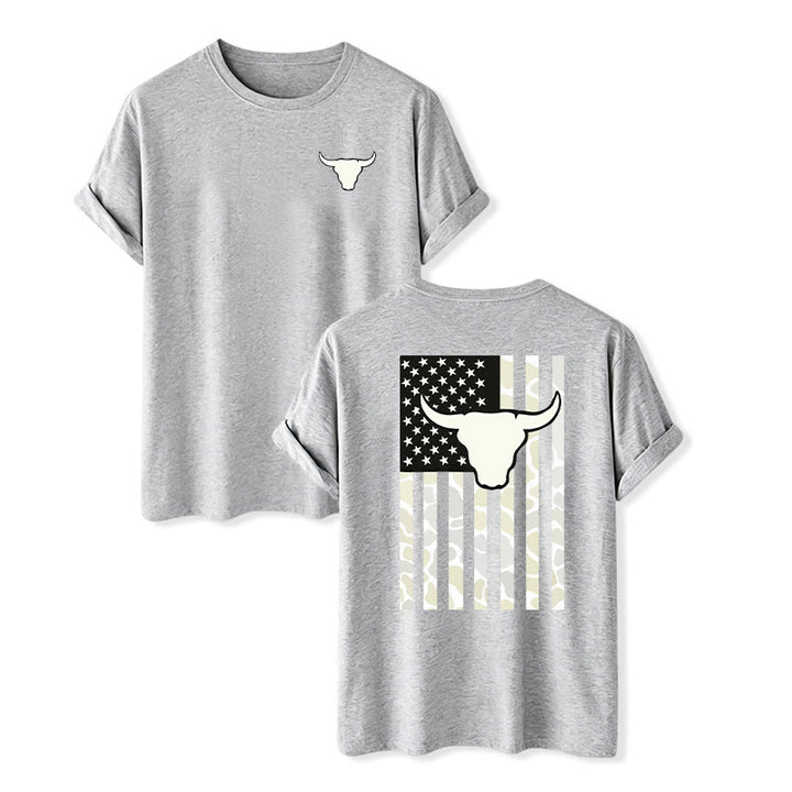 T-shirt patriotique western américain avec crâne de taureau et drapeau américain - Gris - 2XL - image 9