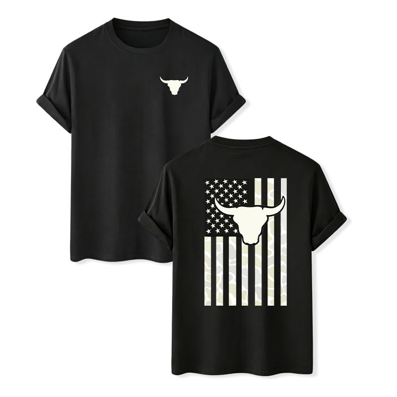 T-shirt patriotique western américain avec crâne de taureau et drapeau américain - Noir - 2XL - image 1