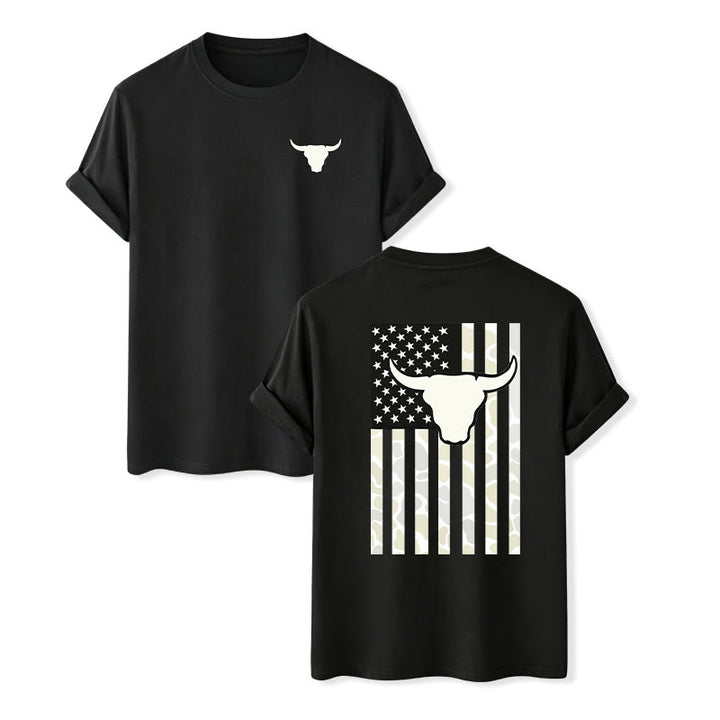 T-shirt patriotique western américain avec crâne de taureau et drapeau américain - Noir - 2XL - image 1